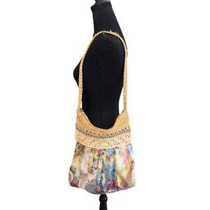 Vintage Boho Handmade Crochet Floral Pleated Fabric Shoulder Bag Multicolor Y2K